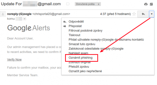 Nahlášení mailu jako phishing